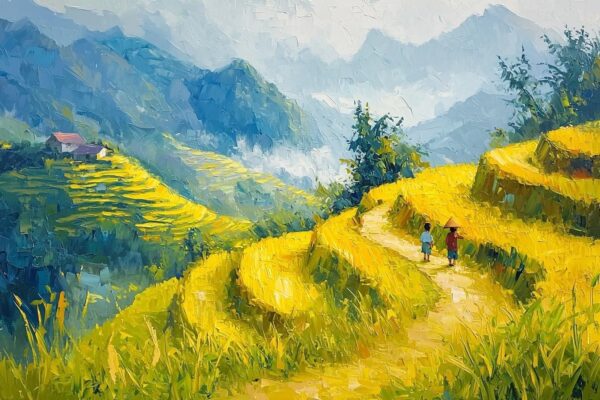Tranh sơn dầu đắp nổi ruộng bậc thang mùa lúa chín.