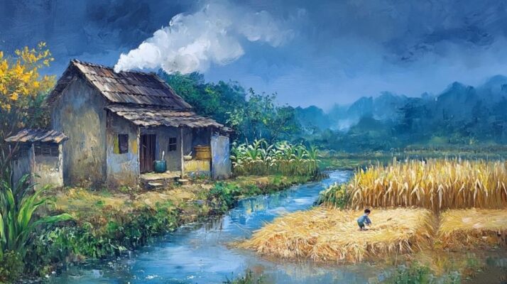 Tranh sơn dầu đắp nổi ngôi nhà quê bên cánh đồng ngô.