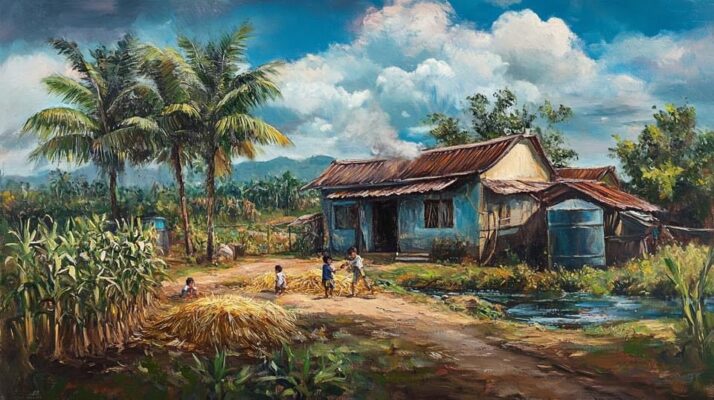 Tranh sơn dầu đắp nổi trẻ em chơi bên sân rơm quê.