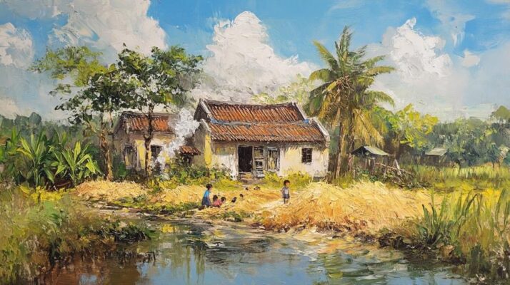 Tranh sơn dầu đắp nổi bến nước và mùa gặt làng quê.