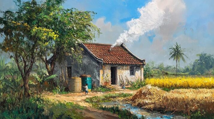 Tranh sơn dầu đắp nổi khói bếp và ngôi nhà quê mùa hè.