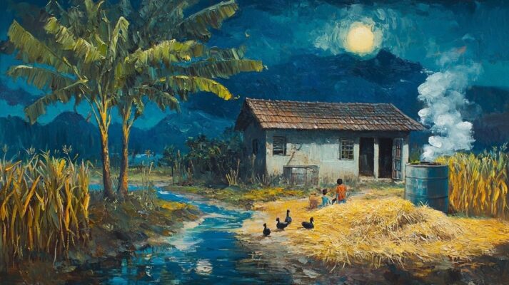 Tranh sơn dầu đắp nổi mái nhà quê dưới ánh trăng.