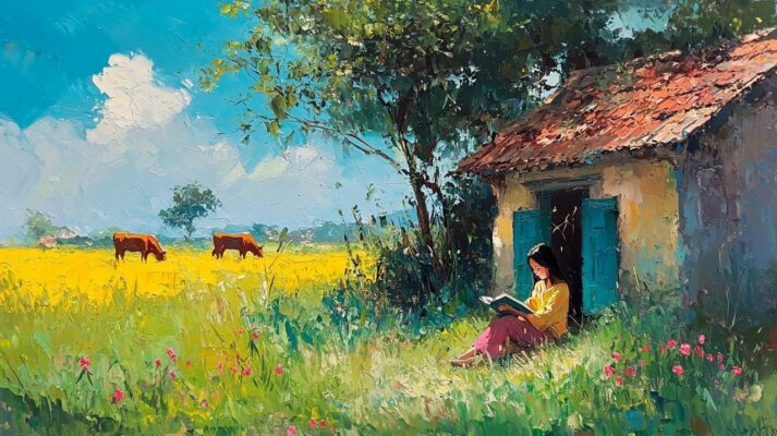 Tranh sơn dầu đắp nổi cô bé đọc sách bên cánh đồng quê.