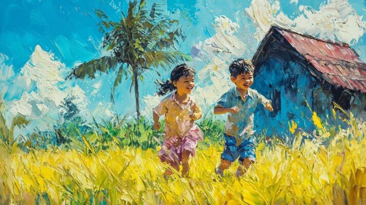 Tranh sơn dầu đắp nổi hai em bé chạy giữa đồng nắng.