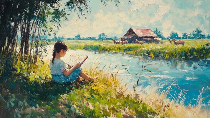 Tranh sơn dầu đắp nổi cô bé đọc sách bên bờ sông.