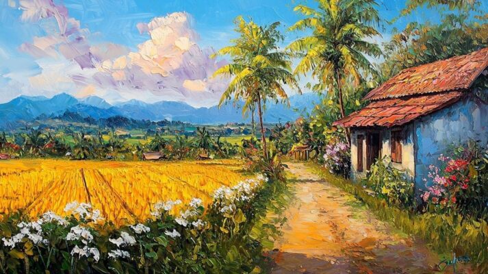 Tranh sơn dầu đắp nổi cánh đồng lúa chín và con đường làng