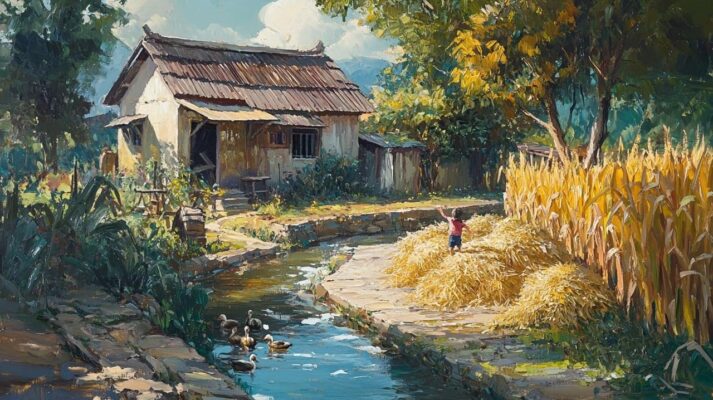 Tranh sơn dầu đắp nổi trẻ em bên đồng ngô và dòng mương.