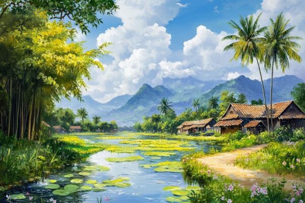 Tranh sơn dầu đắp nổi hồ sen và làng quê miền núi.
