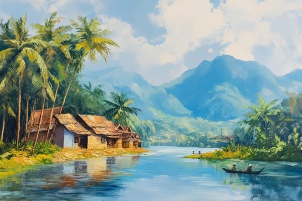 Tranh sơn dầu đắp nổi dòng sông chảy qua làng quê.