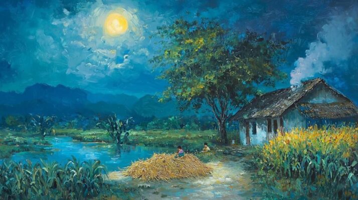 Tranh sơn dầu đắp nổi cánh đồng làng quê dưới trăng