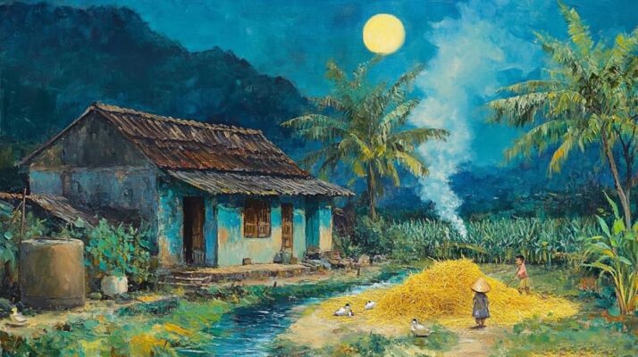Tranh sơn dầu đắp nổi người mẹ bên đống rơm dưới trăng.