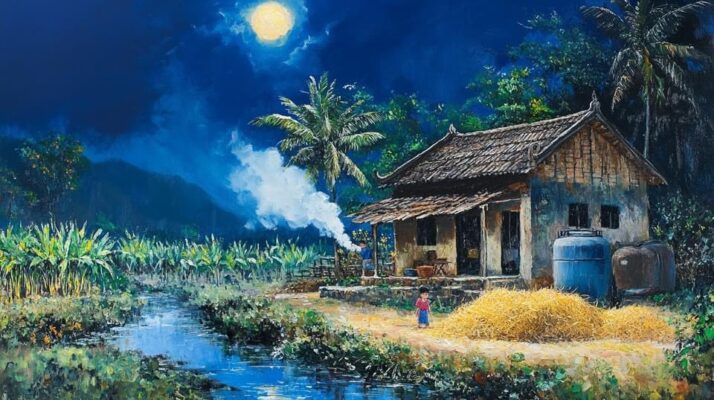 Tranh sơn dầu đắp nổi đêm trăng trước hiên nhà quê.