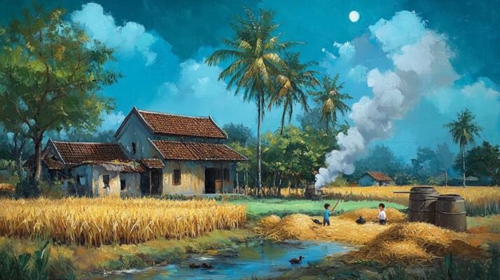Tranh sơn dầu đắp nổi mùa gặt dưới ánh trăng.