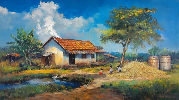 Tranh sơn dầu đắp nổi sân rơm và trẻ em trước nhà quê.