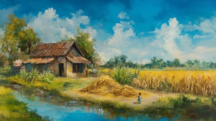 Tranh sơn dầu đắp nổi cánh đồng bên hồ làng quê.