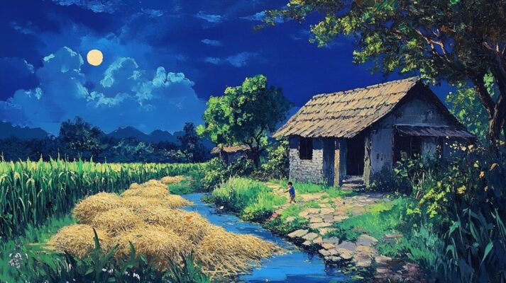 Tranh sơn dầu đắp nổi trẻ em chạy trên đường làng.