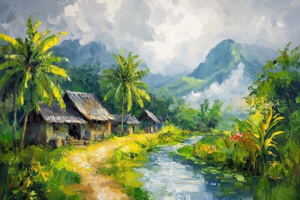 Tranh sơn dầu đắp nổi dòng sông và làng quê miền núi.