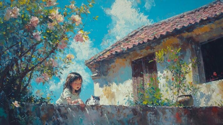Tranh sơn dầu đắp nổi cô bé và mèo trong sân nhà quê.