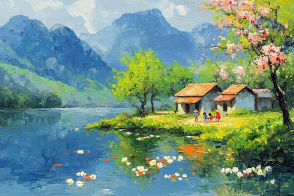 Tranh sơn dầu đắp nổi mùa gặt yên bình bên nhà quê.