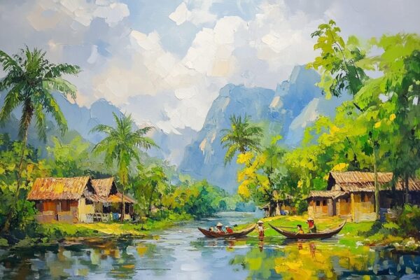 Tranh sơn dầu đắp nổi em bé dưới trăng bên đồng vàng.