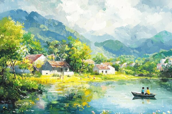 Tranh sơn dầu đắp nổi sân nhà và trẻ em làng quê.